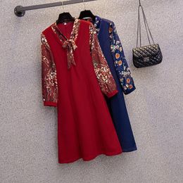 Casual Dresses L-5XL Elegant Formal Dress Women Autumn Fashion Bow Lacing V-Neck Chiffon Printed Long Sleeve Patchwork Red