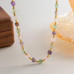 Choker Minar INS Fashion Colorful Natural Stone Cubes Strand Beaded Necklace 18K Gold Plated Titanium Steel For Women