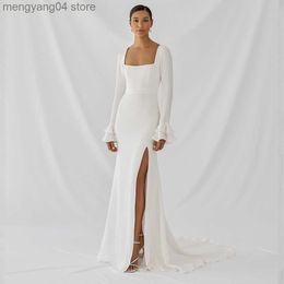 Party Dresses White Side Slit Full Sleeve Square Collar Wedding Dresses with Jersey Floor-Length Sheath Court Train Bridal Gowns 2021 Summer T230502