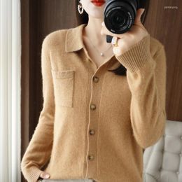 Women's Knits Merino Wool Cardigan Ladies POLO Collar Topa Autumn And Winter Casual Knitted Loose Female Blouse Fashion Korean Warm