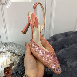 Dress Shoes Pink Lace Wedding High Heels Luxurious Rhinestone Crystal Stiletto Round Toe Mesh Slingbacks Women