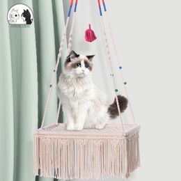 Mats Cat Hanging Bed Cotton Pet Nest Cat Dog Hammock Thread Toy Swing Bohemian Wall Hanging Macrame Tassel Bearing 35kg Pet Products