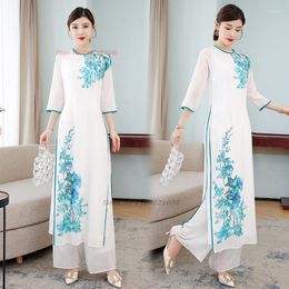 Ethnic Clothing 2023 Vietnam Ao Dai Qipao Traditional Chinese Dress Cheongsam Pants Set National Flower Print Chiffon Aodai