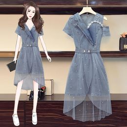 Dress JSXDHK M4XL 2022 New Summer Denim Dress Suits Fashion Women V Neck Jean Dress + Mesh Beading Skirts Suit Elegant Two Piece Set