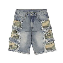 Men's Shorts Summer Camou Denim Shorts Men's Hip Hop Destroyed Hole Camouflage American Vintage Fashion Tassel Patchwork Jeans Shorts T230502