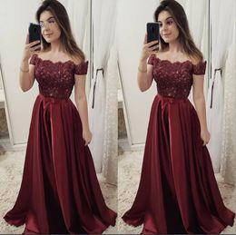 Satin Beads Off The Shoulder A Line Prom Dress Short Sleeves Sexy Evening Dress Formal Party Wear