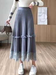 Dresses SURMIITRO Knit Long Maxi Pleated Skirt Women 2022 Winter Korean Fashion Lace Patchwork Elegant High Waist A Line Skirt Female