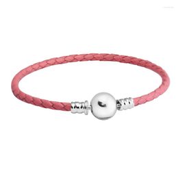 Link Bracelets Genuine 925 Sterling-Silver-Jewelry For Women DIY Beads Jewellery Making Pink Leather Bracelet With Silver Round Clasp