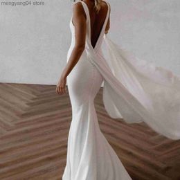 Party Dresses DREAM Deep V Neck Crepe Detachable Train Mermaid Wedding Dress 2023 Plain Sleeveless Open Back Simple Bridal Gowns Elegant T230502