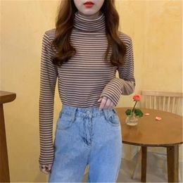 Women's T Shirts Striped Print Women Long Sleeve Shirt Autumn Winter Korean Fashion Plus Velvet Thickening Student Slim Tunics Basic