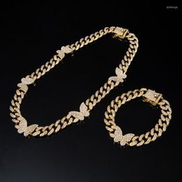 Choker Fashion Hip Hop Jewellery Cuban Miami Link Chain Necklace Men And Women Rhinestone Butterfly Bracelet Set