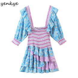 Dress YENKYE Romantic Floral Print Layered Ruffle Dress Women Sexy Square Neck Puff Sleeve Mini Summer Boho Dress Short Vestido