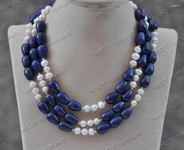 Pendant Necklaces Z11577 50" 14mm Blue Drop Lapis Lazuli White Round Pearl Necklace