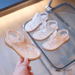 Sandals 2023 Summer Fashion Rhinestone Bow Shoes for Kids Girls Princess Shoes Soft Flats Beach Children's Dress Flip Sandal