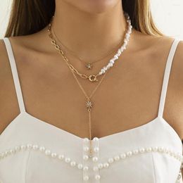 Chains Vintage Alloy Link Baroque Pearl Necklaces Women Cute Clavicle Party Jewellery Minimalist Star Rhinestones Pendant Choker Necklace