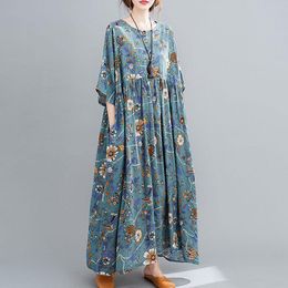 Dresses EaseHut One Piece Baggy Mori Girl Cotton Linen Sundress Oversized ONeck Short Sleeve Summer Dresses Floral Print Ladies Vestido