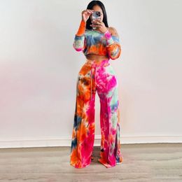 Women's Two Piece Pants Tie Dye Women's Tracksuit Off Shoulder Long Sleeve T-shirt And Loose Matching 2 Set Outfits Sweatsuit