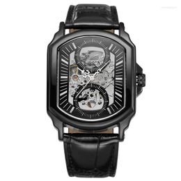 Wristwatches Luxury Automatic Mechanical Watches Men Tonneau Skeleton Retro Self Winding Wristwatch Male Black Case Clock Leather