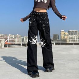 Jeans Gothic Printed Women's Cargo Pants Punk Style Low Rise Wide Leg Trousers Egirl Grunge Emo Alt Women Vintage Pant Y2k Streetwear