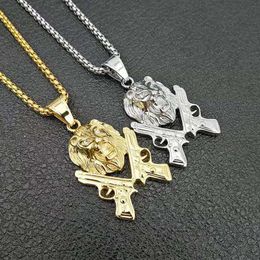 Pendant Necklaces Hip Hop Rock Gold Silver Colour Stainless Steel Double Gun Lion Pendants Necklace For Men Rapper Jewellery Drop