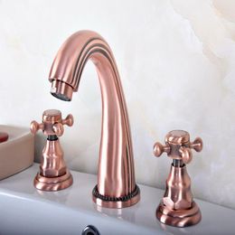 Bathroom Sink Faucets Antique Red Copper Brass Deck Mounted Dual Handles Widespread 3 Holes Basin Faucet Mixer Water Taps Mrg079