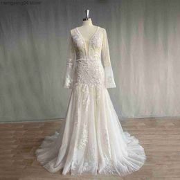Party Dresses DIDEYTTAWL Real Photo Long Sleeve Boho Wedding Dress Vintage V Neck A-Line Lace Tulle Bridal Gown Bohemian Vestidos De Novia T230502