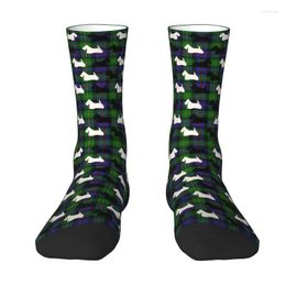 Men's Socks Blue Green Tartan Scottish Terrier Plaid Dress Men's Women's Warm Funny Novelty Scottie Dog Crew