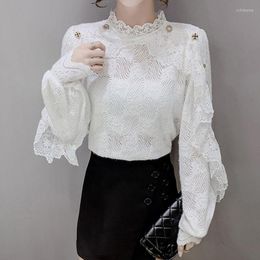 Women's Blouses Lucyever Vintage Lace Floral Shirts Women 2023 Spring Patchwork Solid Stand Collar Tops Woman Wild Loose-fitting Female