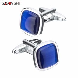 Cuff Links SAVOYSHI Blue Opal Stone Cufflinks for Mens Shirt Cuffs High Quality Square Cuff links Wedding Grooms Gift Free DIY Jewelry 230428