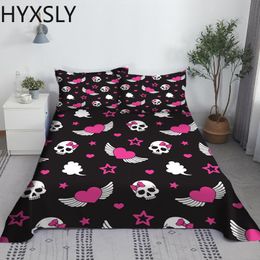 Set Pink Heart Skull Bed Sheet Set 3D Printed Polyester Black Bed Flat Sheet With Pillowcase 2/3pcs Bed Linen King Queen Custom Size