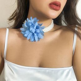 Multilayer Imitation Pearl Necklace Choker With Large Flowers Trendy Women Jewelry On Neck Chain 2023 Party Wedding Punk