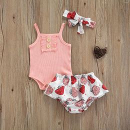 Clothing Sets 3 Pcs Born Summer Outfits Baby Girls Clothes Solid Color Sleeveless Square Collar Romper Printed Ruffle Shorts Headband