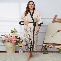 Women's Sleepwear Soft Silk Robes Women Long Bathrobe Satin Kimono Bath Print Plus Size