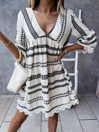 Dress Vintage Mini Dress Women Boho Short Sundress Ladies V Neck Striped Printed Beach Dress Female Loose Holiday Robe Femme