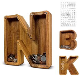 Novelty Items Twenty-six English Alphabet Moneybox Coin Money Piggy Bank Wooden Letter Saving Box Desktop Ornament Home Decor Crafts For Kids 230428
