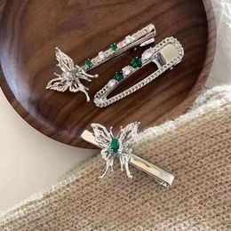 Hair Clips Vintage Green Butterfly Rhinestone Hairpin For Women Temperament Charm Aesthetics Clip Exquisite Fashion Accessories