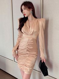 Casual Dresses Fashion Elegant Sexy Mini For Women 2023 Golden Puff Sleeve Pleated Slim Bodycon Dress Lady Street Office Party Vestidos