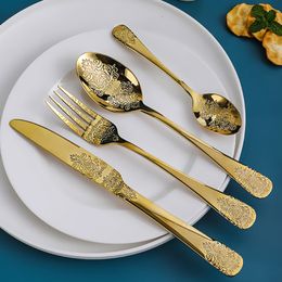 Dinnerware Sets 4Pcs Home Kitchen Gold Cutlery Set European Retro Dinnerware Set Embossed Western Tableware Knife Fork Spoon Tableware Set 230503