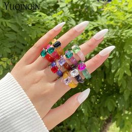 Band Rings Fashion Acrylic Colorful Rectangle Rhinestone for Women Big Transparent Finger Ring Girls Vintage Female Beautiful Jewelry Y23