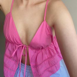 Camisoles Tanks Summer Sleeveless V Neck Spaghetti Strap Crop Top Y2K Kawaii Pink Tie Up Cami Top Boho Beach Holiday Hollow Out Mini Vest Women 230503