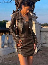 Dress Macheda Autumn new biker PU leather dress is paired with a PU leather jacket a dark brown zip outwear twopiece backless dress