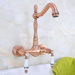 Kitchen Faucets Antique Red Copper Wall Mounted Bathroom Basin Faucet / 360 Swivel Spout Sink Mixer Tap Tnf952