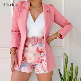 Women s Tracksuits Fashion Women Long Sleeve Blazer Outfits Casual Office Lady Coat Tops And Floral Print Shorts Set Elegant Spring Summer 2pc Suit 230503