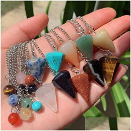 Pendant Necklaces Natural Stone Pendants Pendum Pink Quartz Agates Tiger Eye Black Obsidian Healing Crystal Amet Divination Dowsing Dhd5T