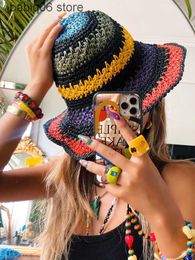 Stingy Brim Hats Women Summer Crochet BOHO Beach Bohimian Striped Straw Rainbow Bucket Hat Cap Breathtable T230503
