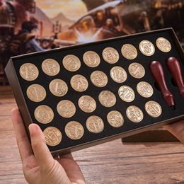 Stamping 26 pcs Letter Alphabet Set Wax Seal Stamp Map Box Retro Wood Classic Decoration Valentine's Birthday Wedding Invitation Antique