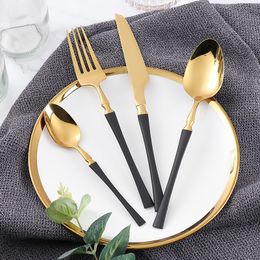 Dinnerware Sets 24pcs Stainless Steel Cutlery Black Gold Mirror Dinnerware Set Tableware Knife Fork Coffee Spoon Flatware Dishwasher Safe Dinner 230503