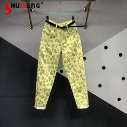 Jeans Floral Printing Dyeing Jeans for Women 2023 Spring and Summer New Versatile High Waist Carrot Trousers Curling Harem Pants