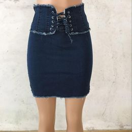 Dresses High Waist Lace Up Blue Denim Skirts 2021 Women Spring Summer Femme Vintage Indie Bandage Tassel Gothic Skinny Pencil Skirt Jean