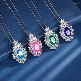 Pendant Necklaces EYIKA Brazilian Lab Created Emerlad Sapphire Aquamarine Pink Fusion Stone Oval Flower Necklace CZ Fine Jewellery For Women